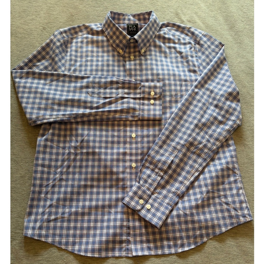 Jos. A. Bank Traveler Shirt Mens XL Slim Fit Blue Purple Plaid Long Sleeve